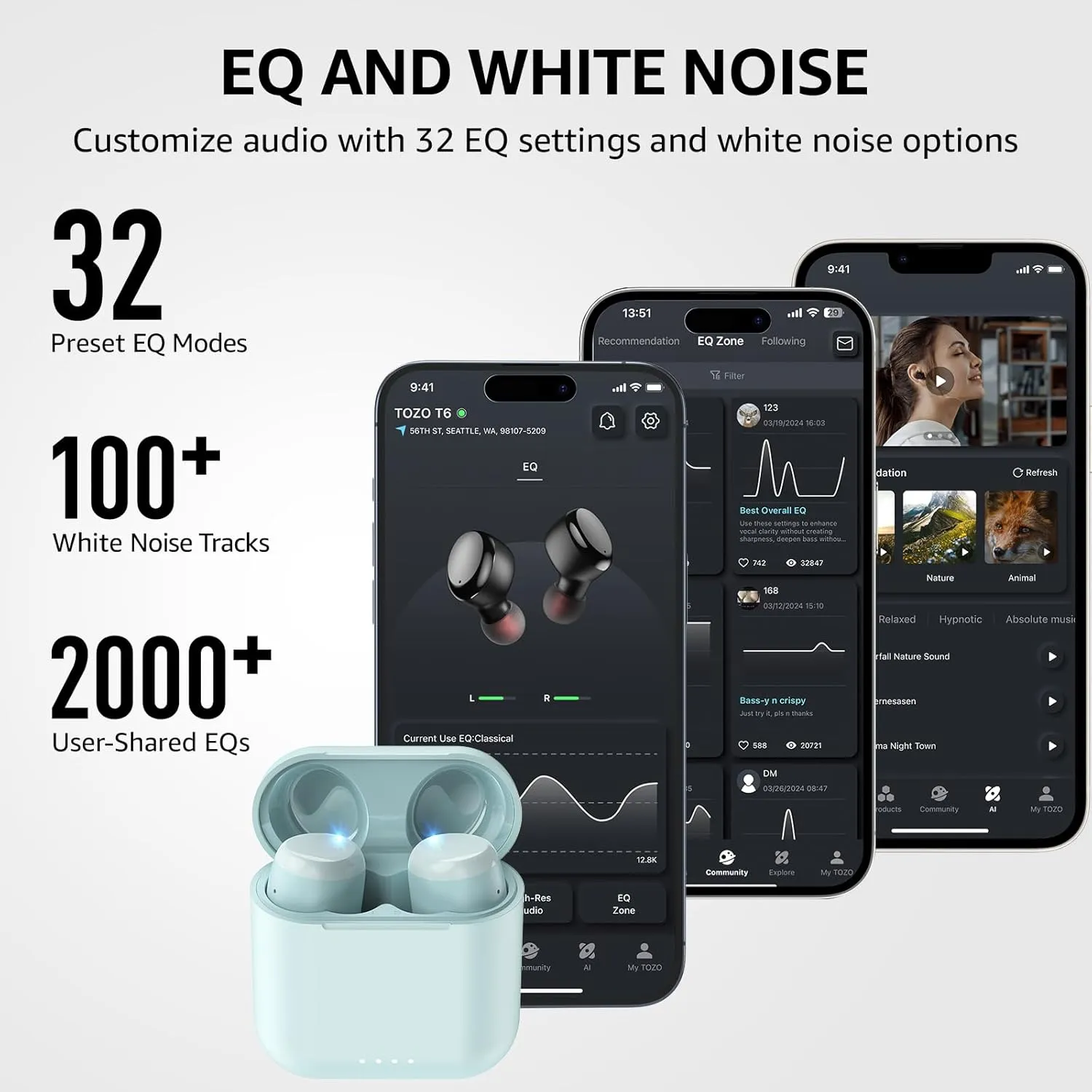 TOZO T6 True Wireless Earbuds Bluetooth 5.3 Headphones 50H Long Playtime, Wireless Charging Case, IPX8 Waterproof Stereo Earphones, Built-in Mic Calls, Headset Premium Deep Bass 32 Preset EQs via APP