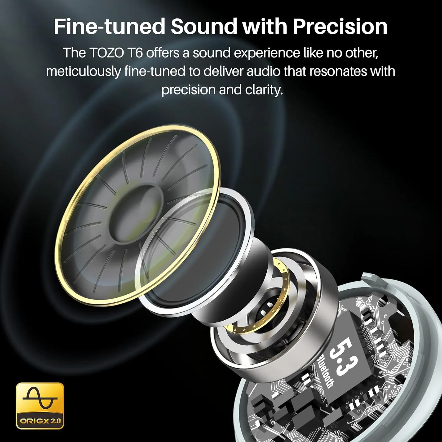 TOZO T6 True Wireless Earbuds Bluetooth 5.3 Headphones 50H Long Playtime, Wireless Charging Case, IPX8 Waterproof Stereo Earphones, Built-in Mic Calls, Headset Premium Deep Bass 32 Preset EQs via APP