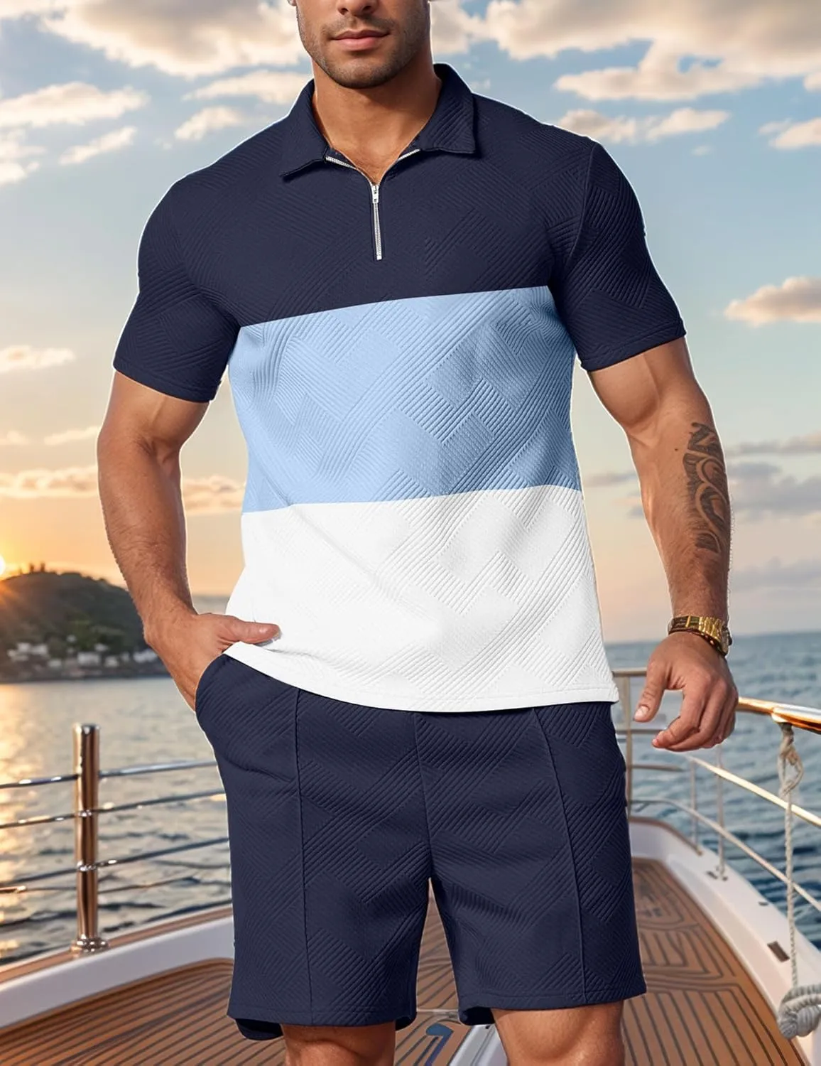 UOUA Mens Summer Track Suits 2 Piece Shorts Sets Short Sleeve Sweatsuit Outfits 1/4 Zip Golf Polo Splicing Striped Shirts