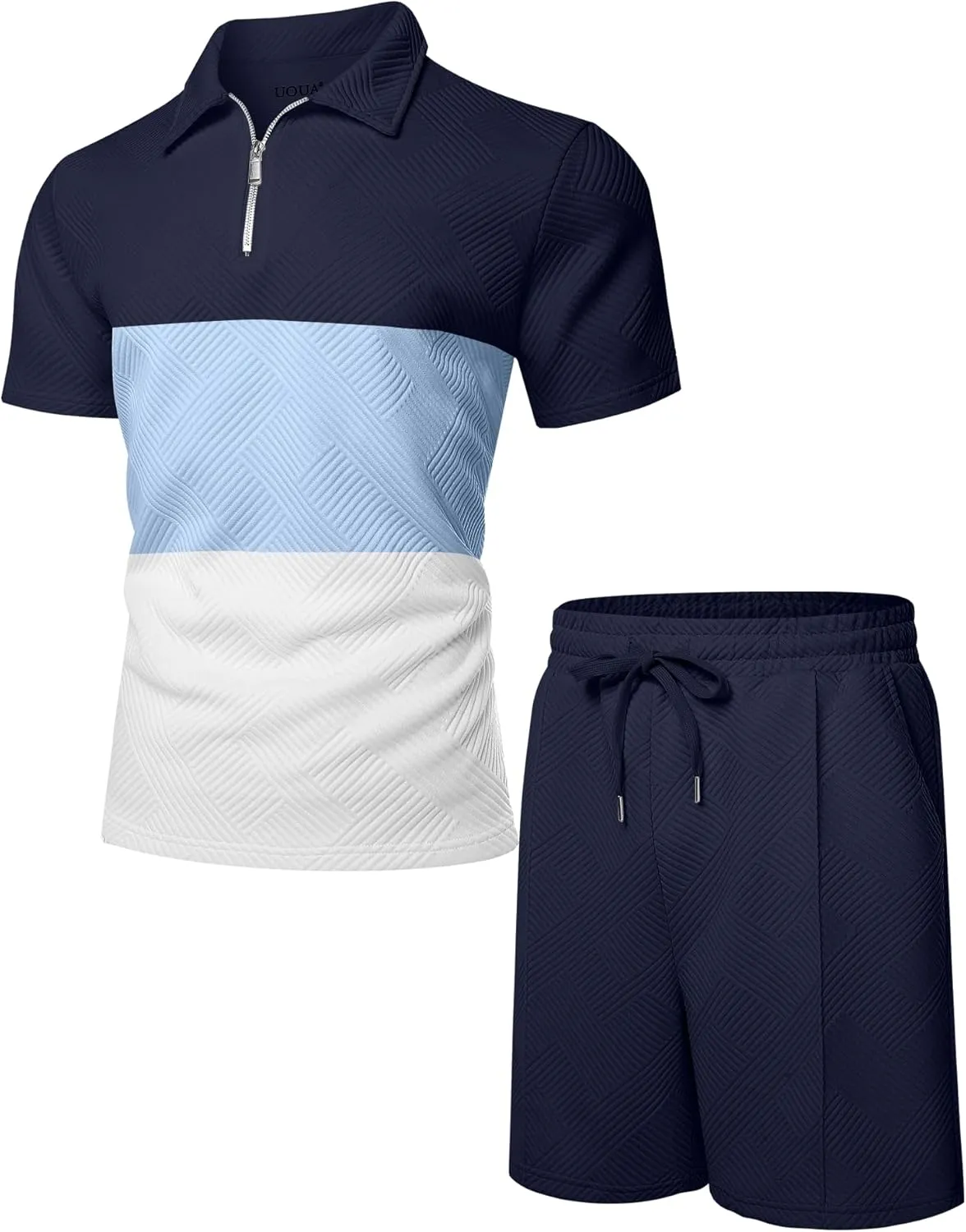 UOUA Mens Summer Track Suits 2 Piece Shorts Sets Short Sleeve Sweatsuit Outfits 1/4 Zip Golf Polo Splicing Striped Shirts