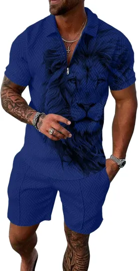 UOUA Mens Summer Track Suits 2 Piece Shorts Sets Short Sleeve Sweatsuit Outfits 1/4 Zip Golf Polo Splicing Striped Shirts