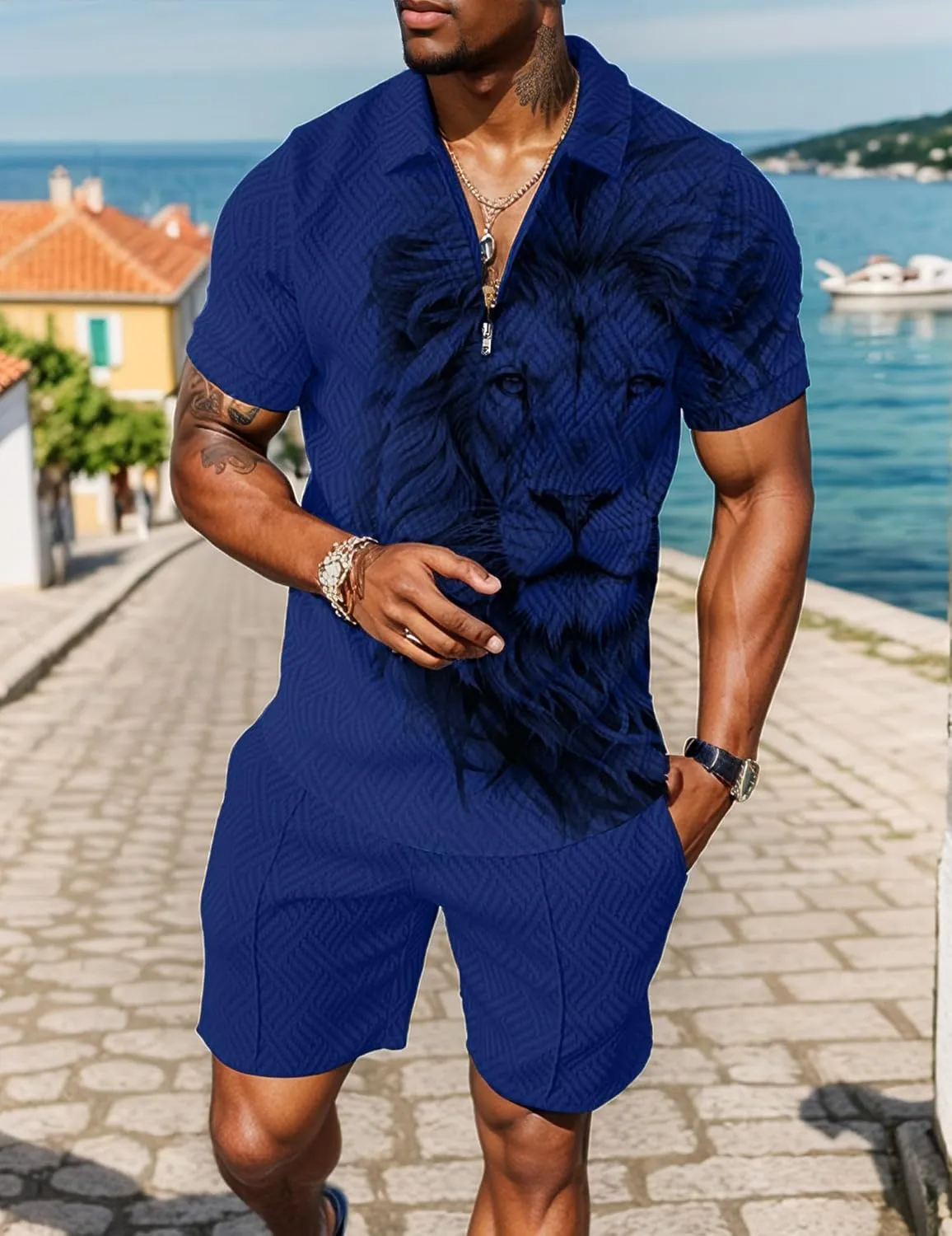 UOUA Mens Summer Track Suits 2 Piece Shorts Sets Short Sleeve Sweatsuit Outfits 1/4 Zip Golf Polo Splicing Striped Shirts