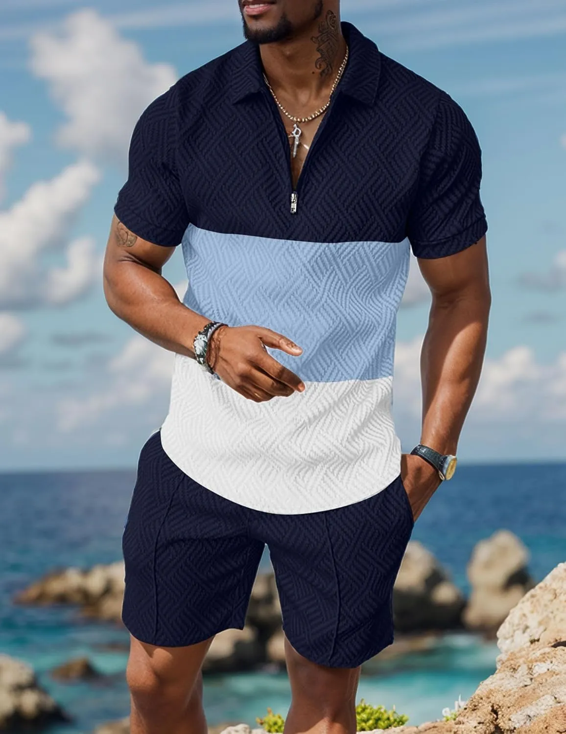 UOUA Mens Summer Track Suits 2 Piece Shorts Sets Short Sleeve Sweatsuit Outfits 1/4 Zip Golf Polo Splicing Striped Shirts