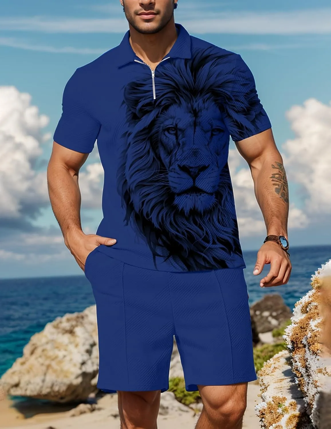 UOUA Mens Summer Track Suits 2 Piece Shorts Sets Short Sleeve Sweatsuit Outfits 1/4 Zip Golf Polo Splicing Striped Shirts