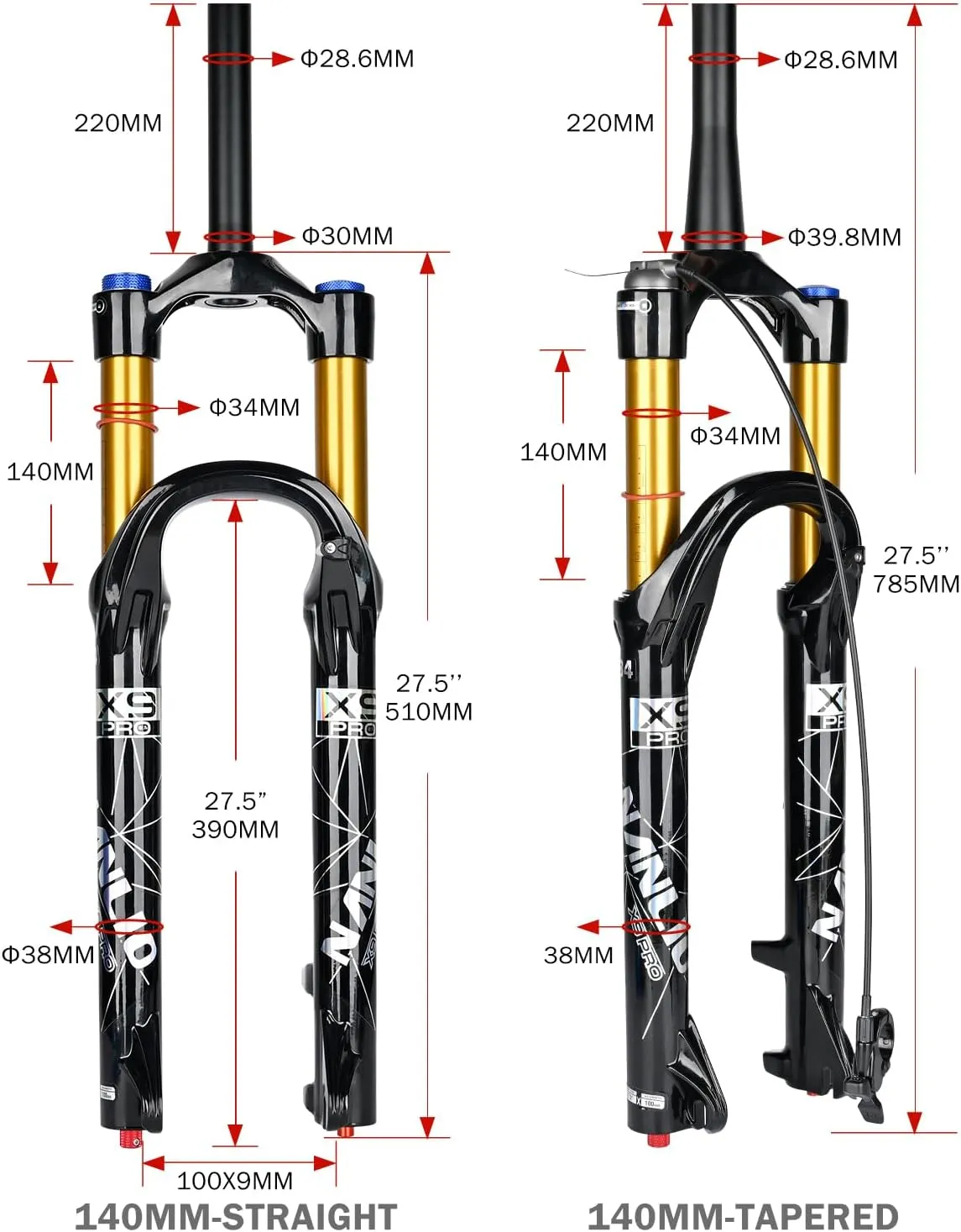 X9 Pro Mountain Bike Suspension Bicycle Front Fork - Adjustable Damping Rebound, 140/160MM Travel, Fits 26/27.5/29 Inches
