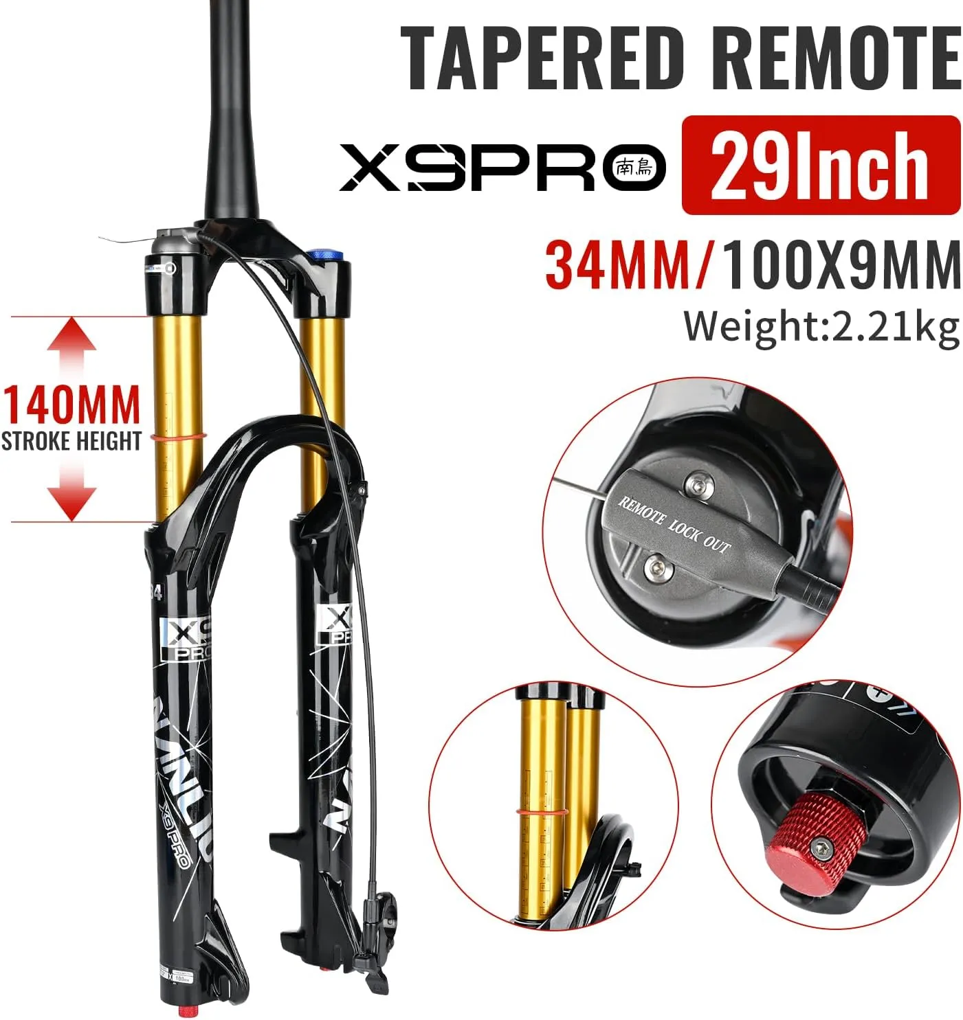 X9 Pro Mountain Bike Suspension Bicycle Front Fork - Adjustable Damping Rebound, 140/160MM Travel, Fits 26/27.5/29 Inches