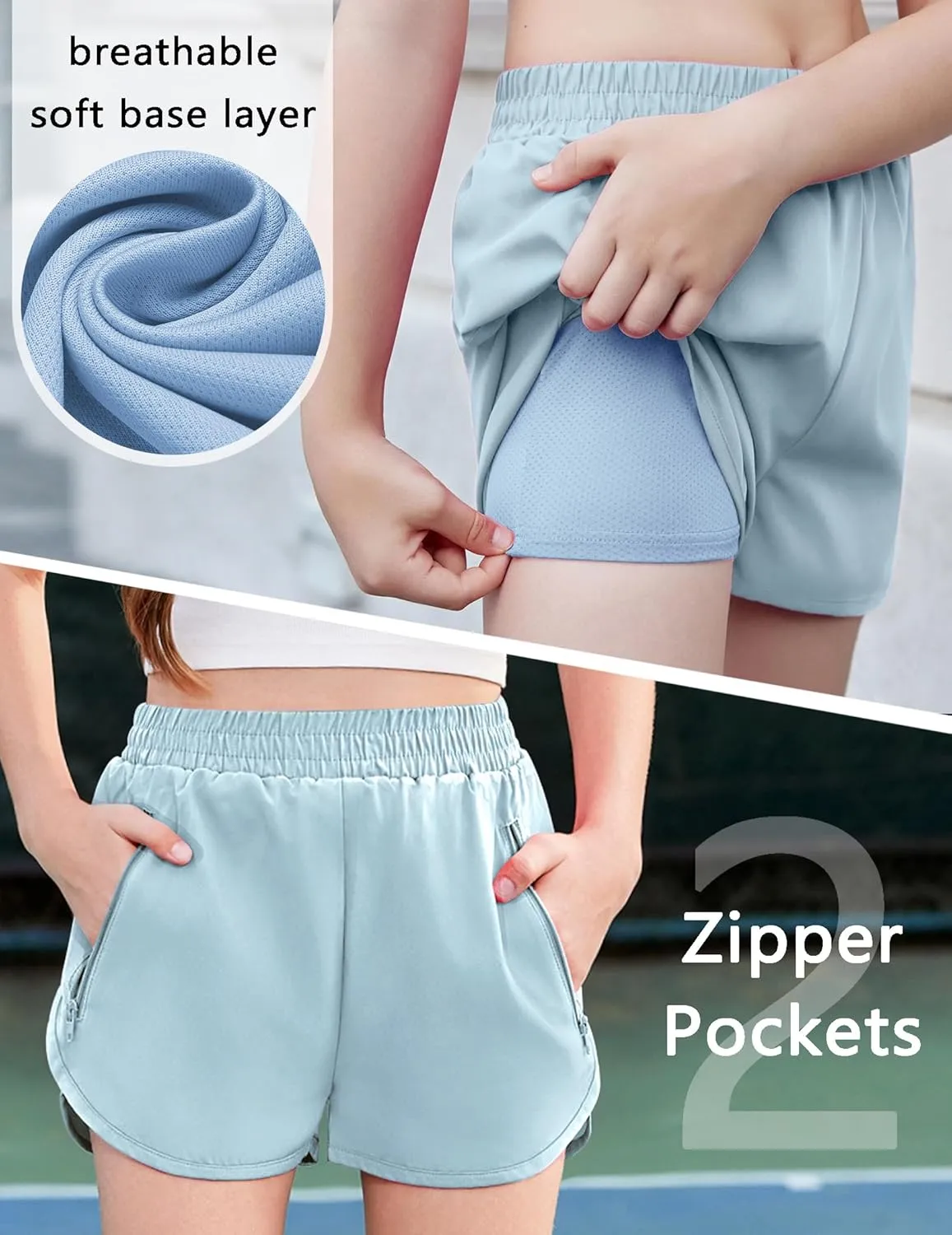 Zaclotre Girls Athletic Shorts with Zipper Pockets 2 in 1 Kid Workout Running Volleyball Soccer Shorts with Liner